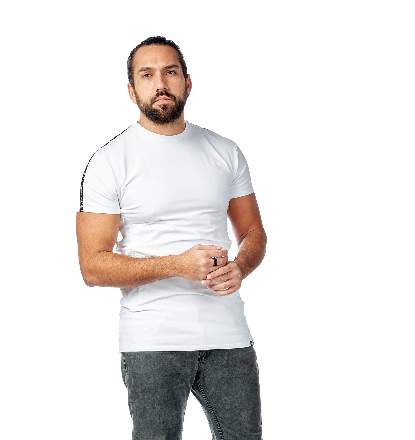 White mens tee shirt with side pockets